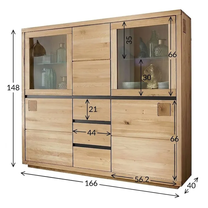 Vetrina 166x148h cm 5 ante 3 cassetti legno massello rovere Tarselia