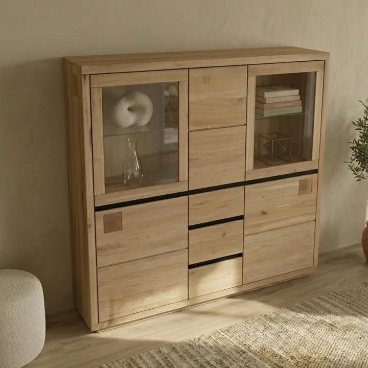 Vetrina 166x148h cm 5 ante 3 cassetti legno massello rovere Tarselia