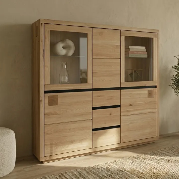 Vetrina 166x148h cm 5 ante 3 cassetti legno massello rovere Tarselia