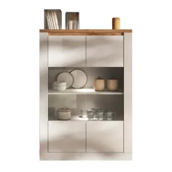 Vetrina 114x160h cm 2 ante con led bianco lucido rovere chiaro Istria