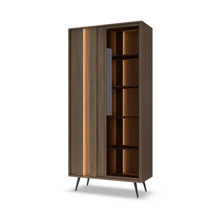 Vetrina 94x196h cm con led 2 ante 5 ripiani reversibile soggiorno noce Bois