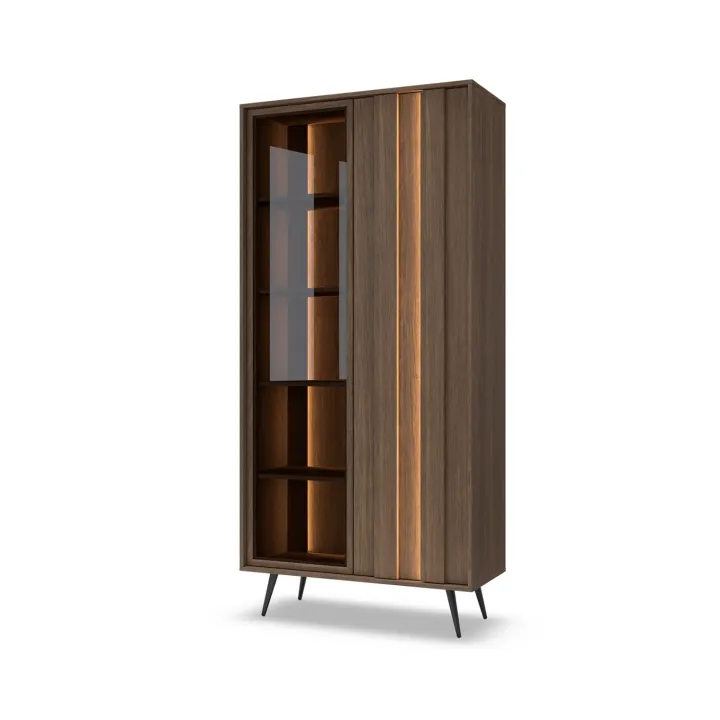 Vetrina 94x196h cm con led 2 ante 5 ripiani reversibile soggiorno noce Bois