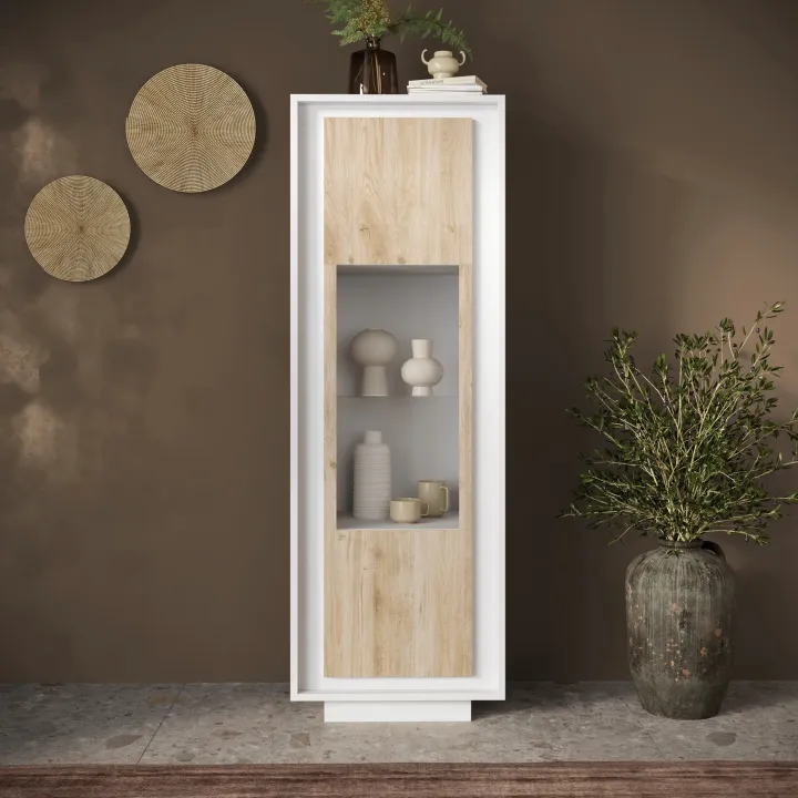 Vetrinetta 67x197cm 1 anta moderna bianco opaco rovere chiaro Deluxe