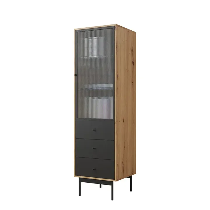 Vetrinetta 52x180h cm 1 anta 3 cassetti con led soggiorno rovere nero Herning