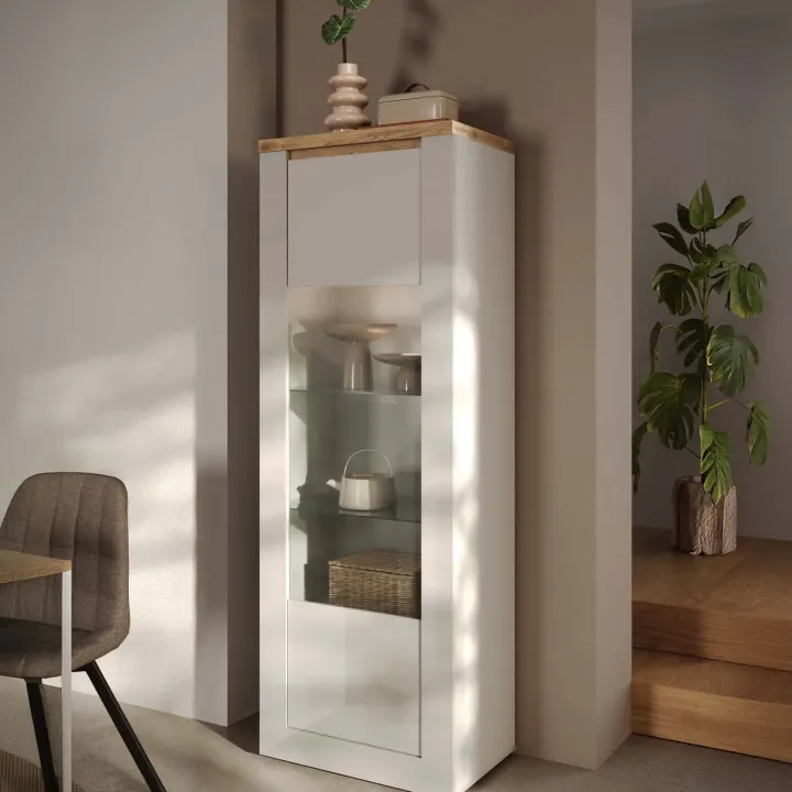 Vetrinetta 67x191h cm 1 anta con led bianco lucido rovere chiaro Istria