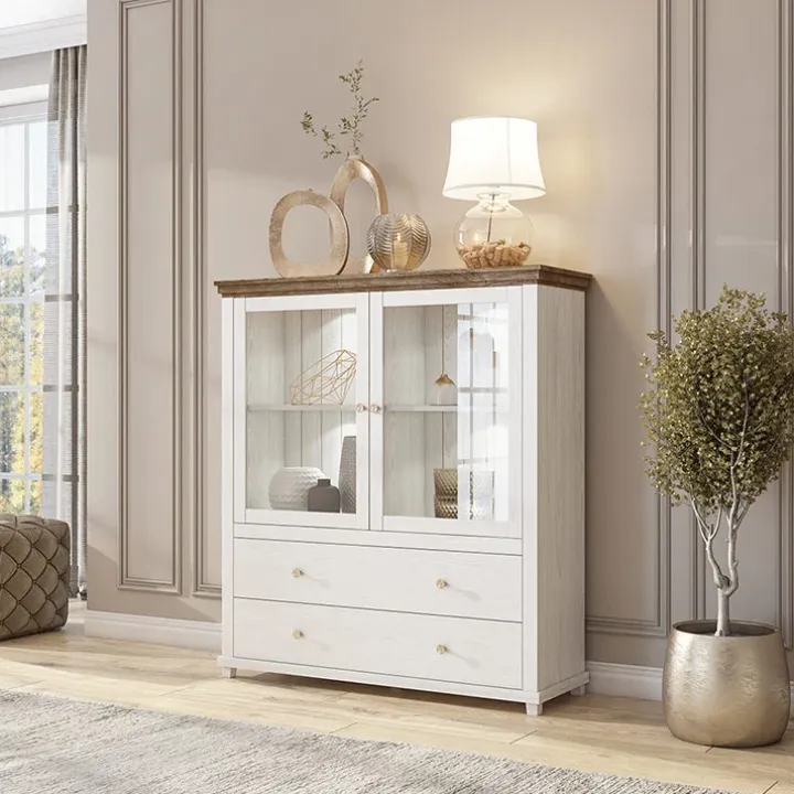 Vetrinetta 126x138h cm 2 ante 2 cassetti bianco frassinato rovere Texel