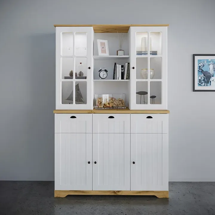 Vetrinetta 133x199h cm 5 ante 3 cassetti shabby bianco lucido rovere Loira