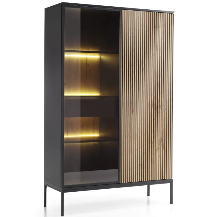 Vetrinetta 104x166h cm 2 ante moderna nero rovere antico cannettato Bali