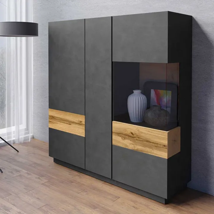 Vetrinetta 130x139h cm 3 ante soggiorno antracite rovere Bahama