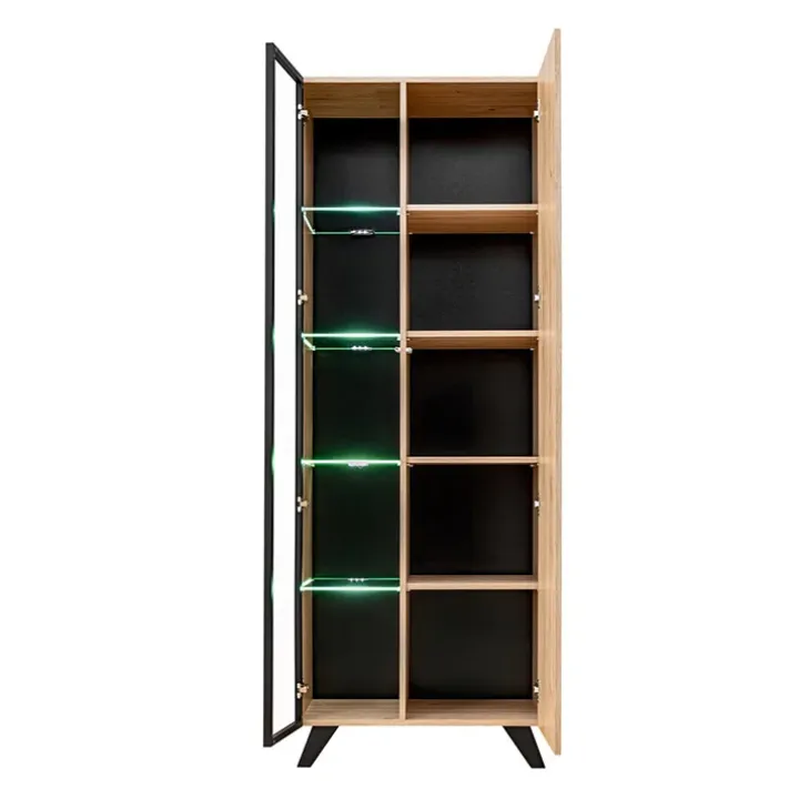Vetrinetta 70x192h cm 2 ante soggiorno moderna noce con stampa nera Mendes