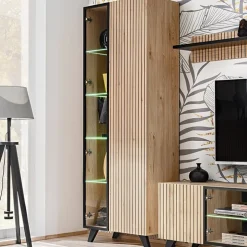 Vetrinetta 70x192h cm 2 ante soggiorno moderna noce con stampa nera Mendes