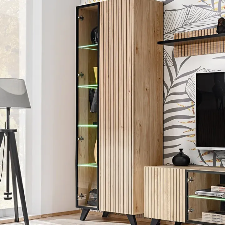 Vetrinetta 70x192h cm 2 ante soggiorno moderna noce con stampa nera Mendes