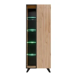 Vetrinetta 70x192h cm 2 ante soggiorno moderna noce con stampa nera Mendes