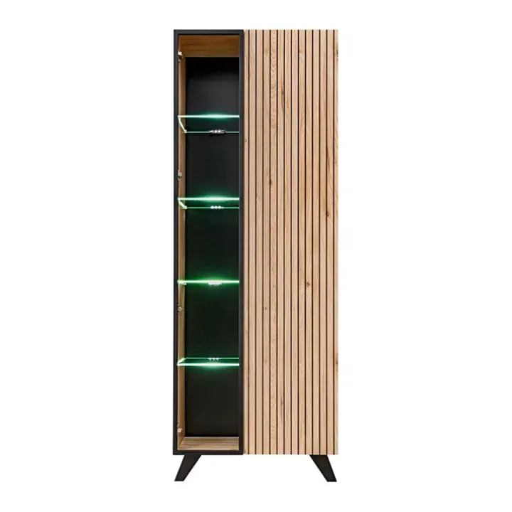 Vetrinetta 70x192h cm 2 ante soggiorno moderna noce con stampa nera Mendes